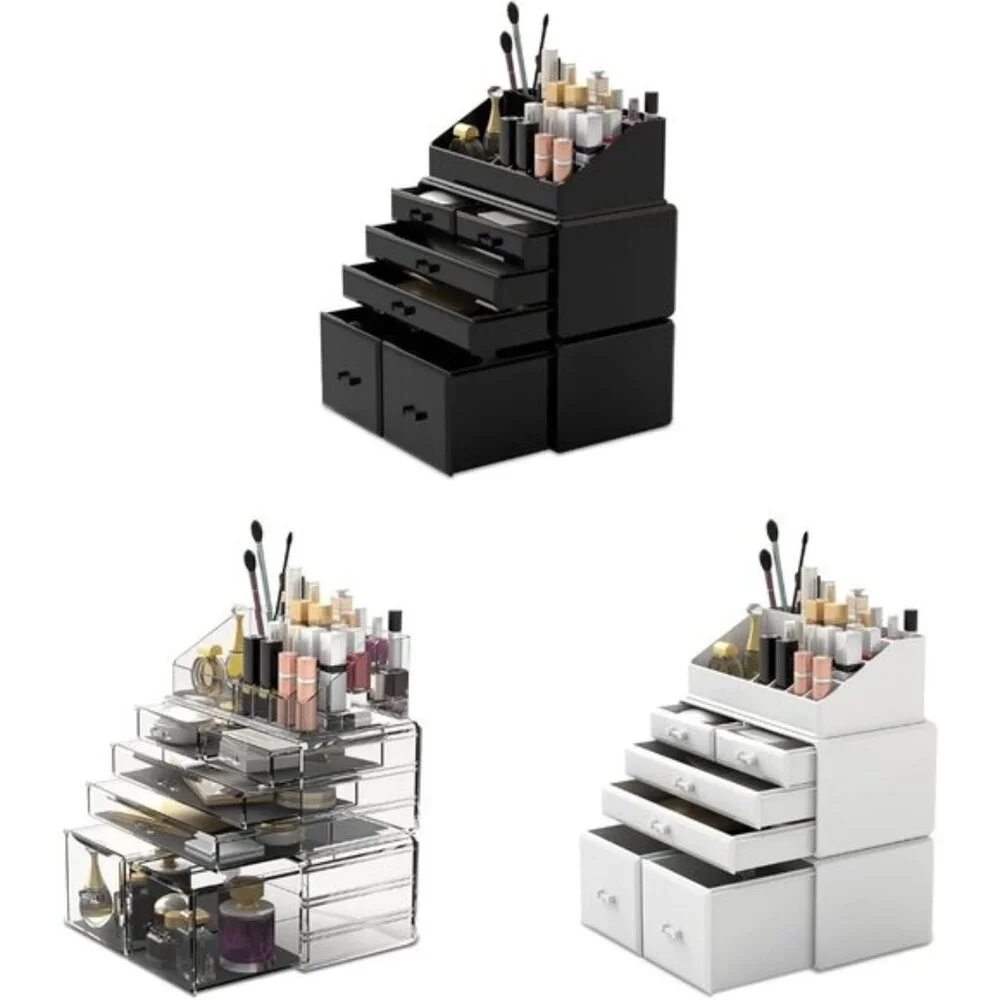 New 3-Piece Makeup Organizer, Black Cosmetic Storage Case with 6 Drawers